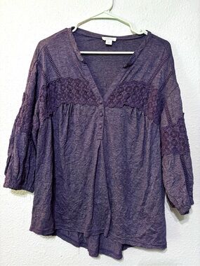 Sundance Bethane Indigo Blue Crinkle Henley Boho Lace Inset Top L